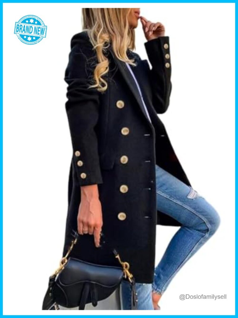 Wool Blend Double Breasted Midi Peacoat Trench Coat Long Sleeve Notch Collar
